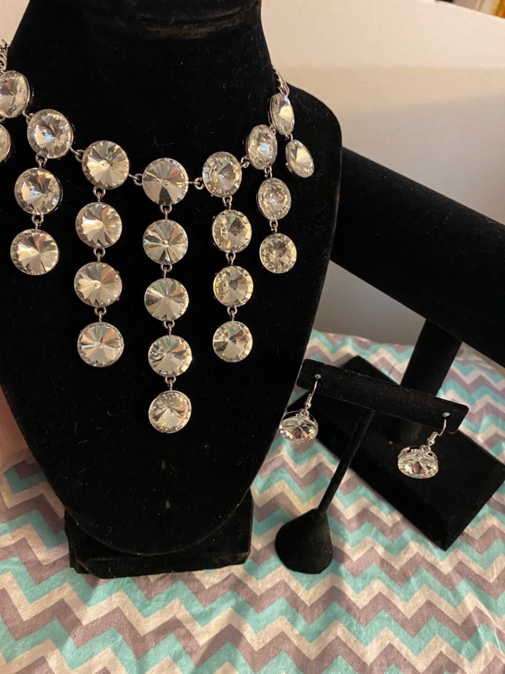 David's Bridal Clear Crystal Multi-Drop Necklace with Matching Earrings